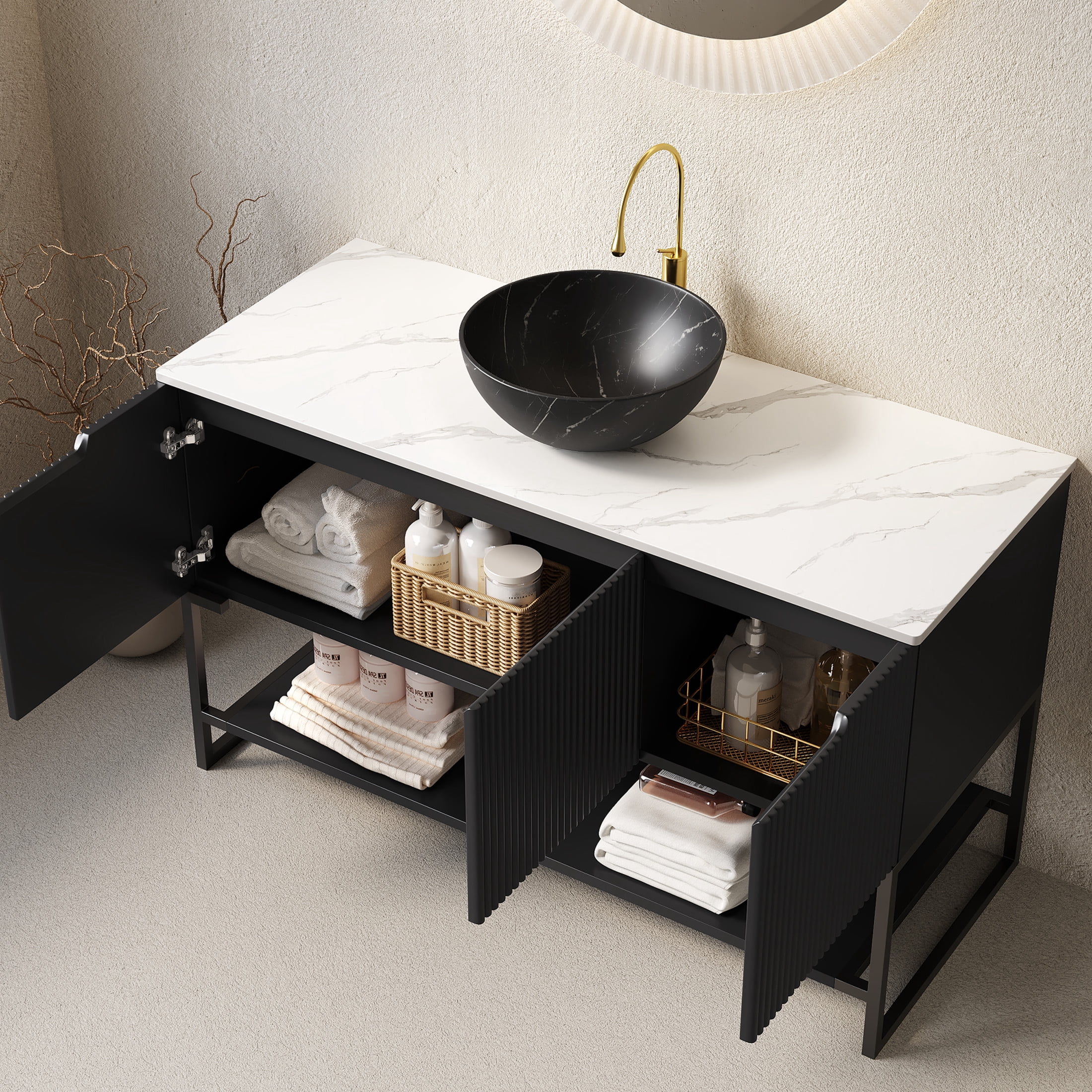 Noble House Tulio 48" Freestanding Bathroom Vanity with Sintered Stone Countertop, Black Bowl Ceramic Basin, Black