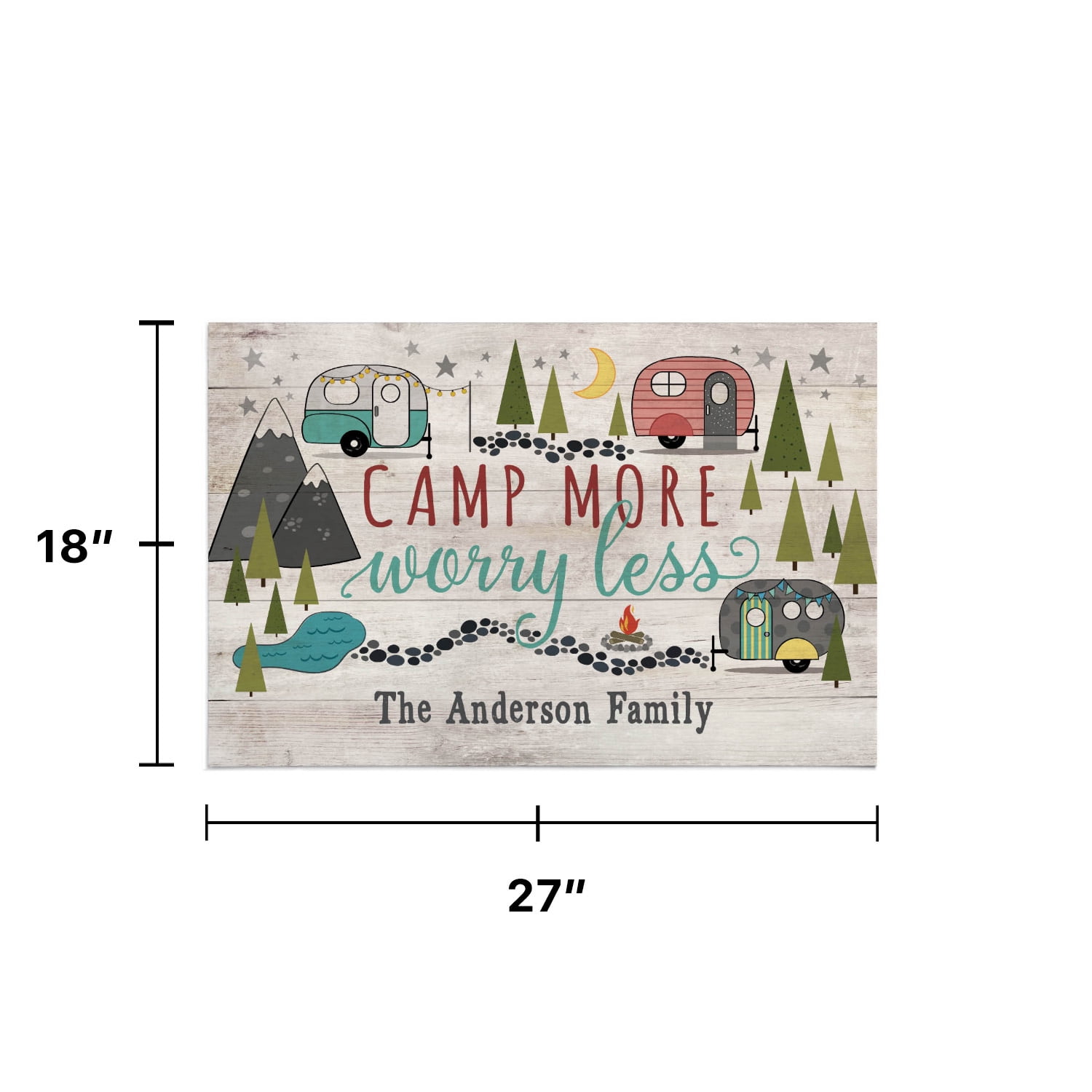 Personalized Planet 27x18 Camp More Worry Less Doormat with Custom Family Name Printed on Taupe Rectangular 1/8” Thick Non Slip Mat with Vintage Campers for RVs Campsite Deck or Porch