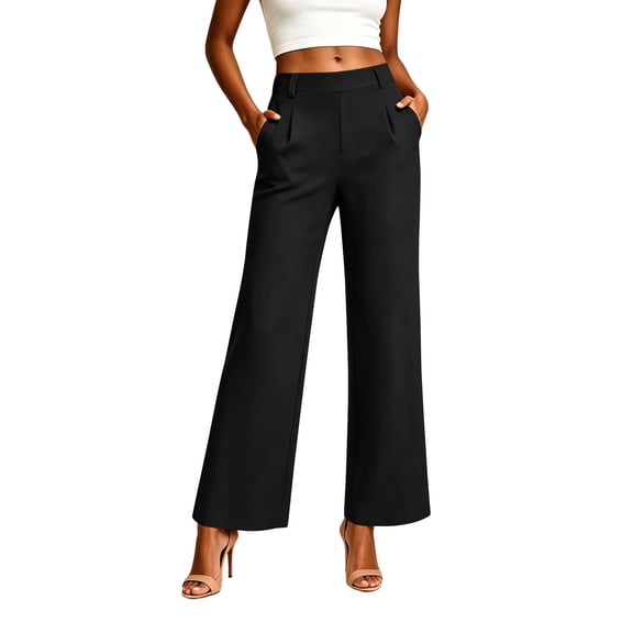 Htigea Dress Pants for Women Half Elastic Waist Work Pant Solid Color Formal Business Office Trousers with Pockets Black S
