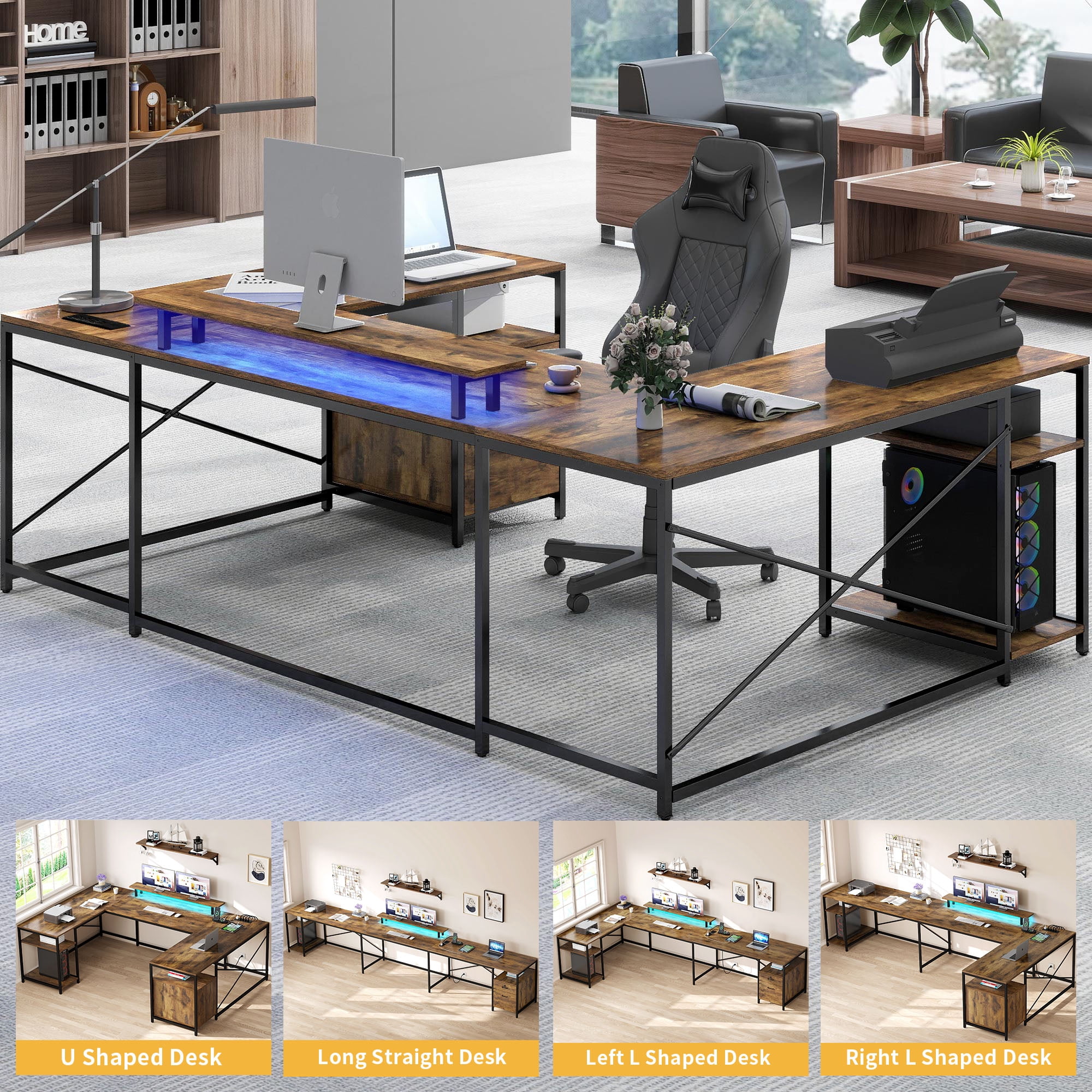 DWVO L Shaped Desk with Power Outlets & LED Lights, Reversible Computer Desk with Storage Shelves, U Shaped Gaming Desk with Monitor Stand 2 Person Large Corner Office Desk, Rustic Brown
