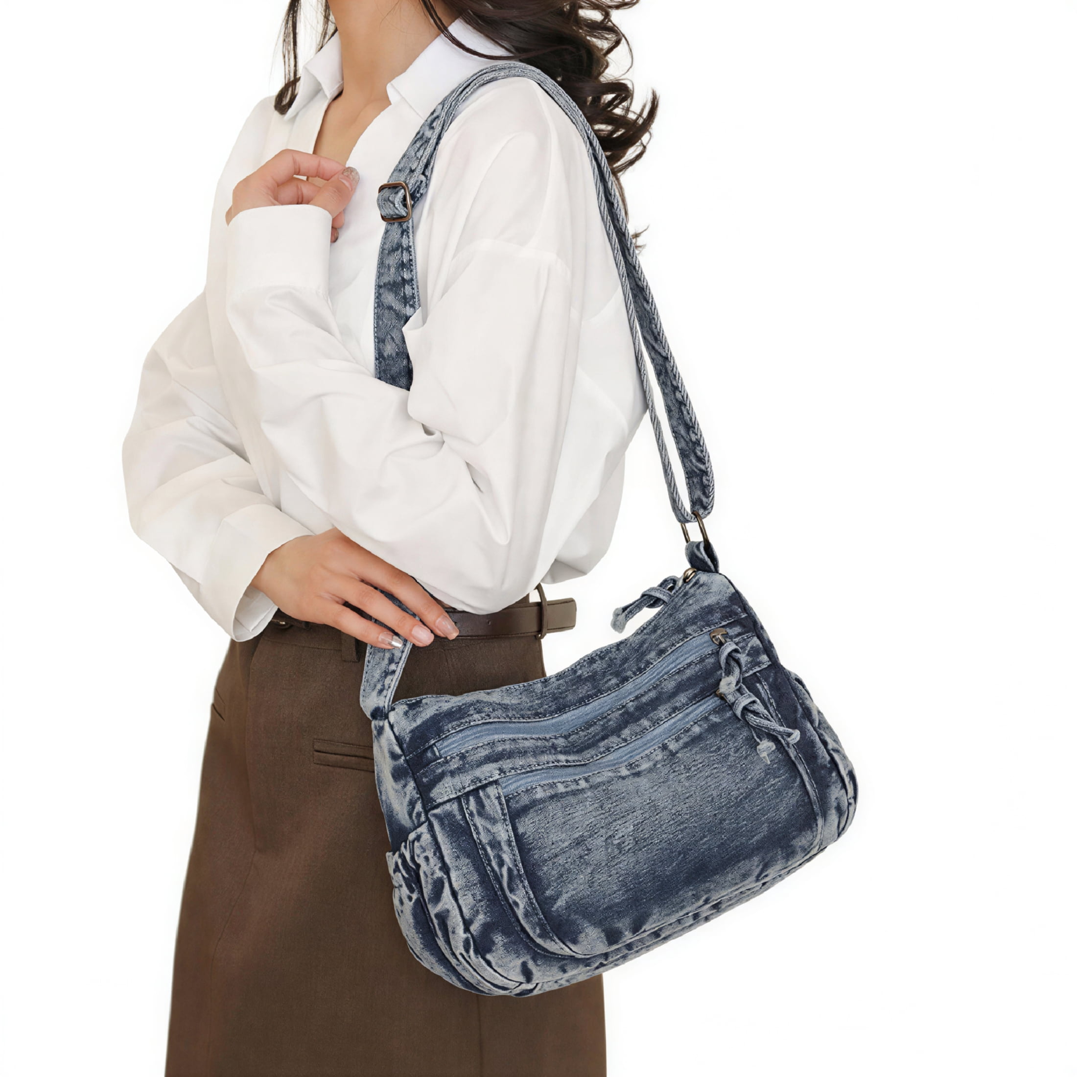 TELOLY Denim Purse,Large Capacity Denim Purses for Women,Multiple Pockets Denim Bag,Blue