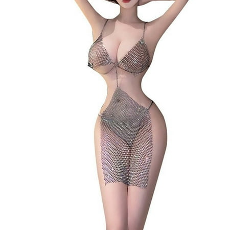 Tao Tao Chemise Set For Women Mesh Dress Chain Nightgowns Bodysuit Rhinestone Babydoll Chemise Party Club Night Dress Gray Free Size