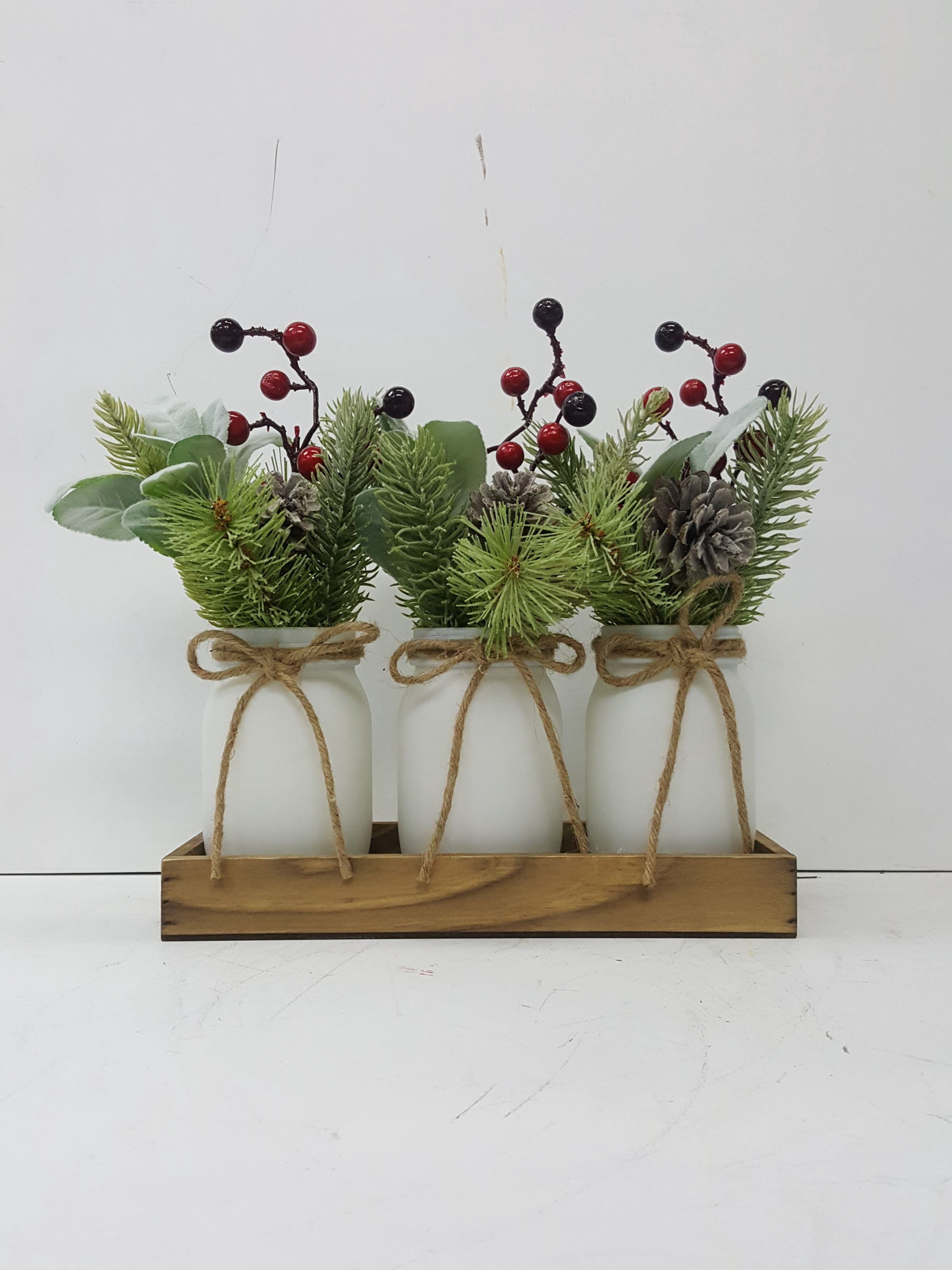 Holiday Time Artificial Liparis and Red Berry Mason Jar and Wood Rail Floral Arrangement