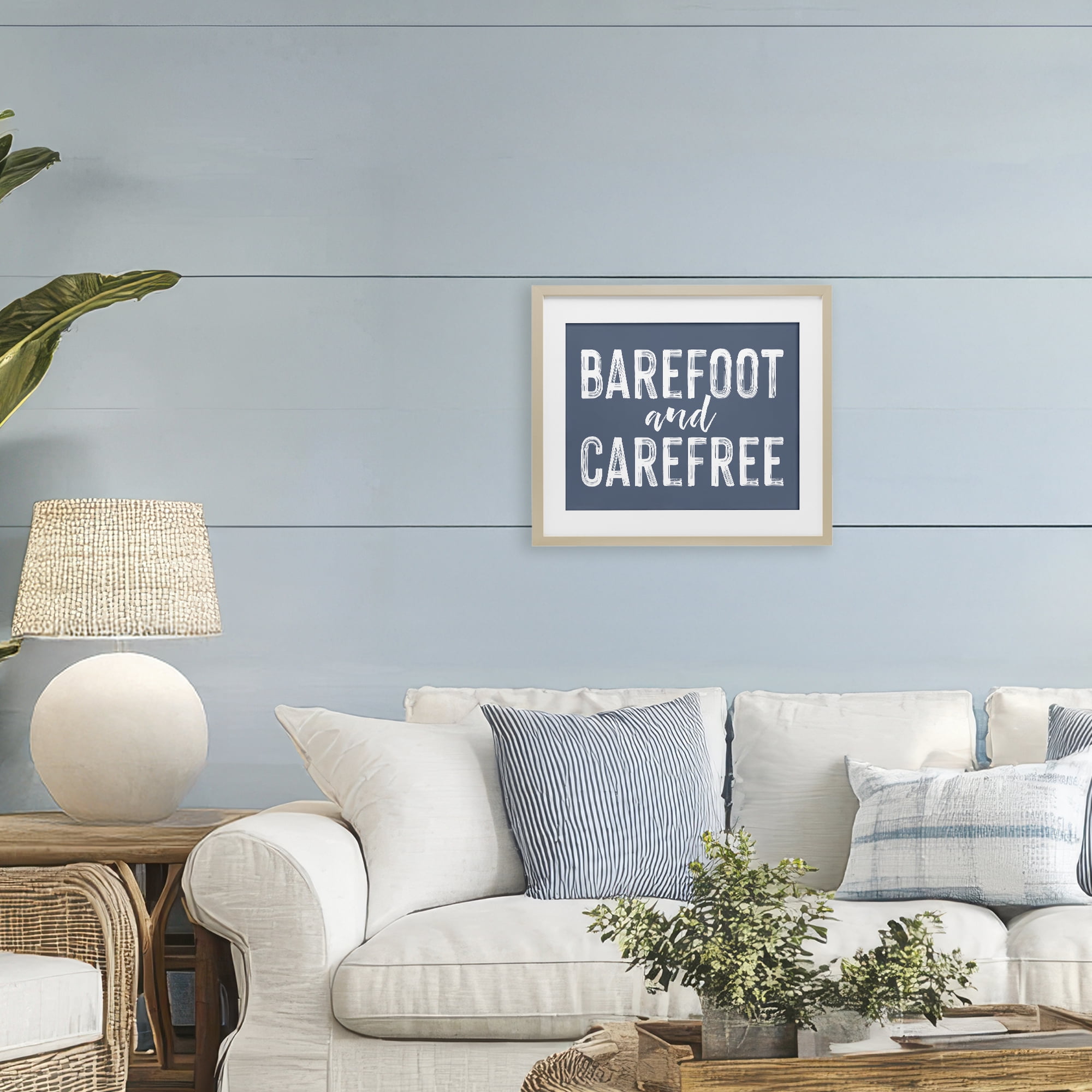 Barefoot & Carefree Blue Birch Framed Print Under Glass, design by Lettered and Lined