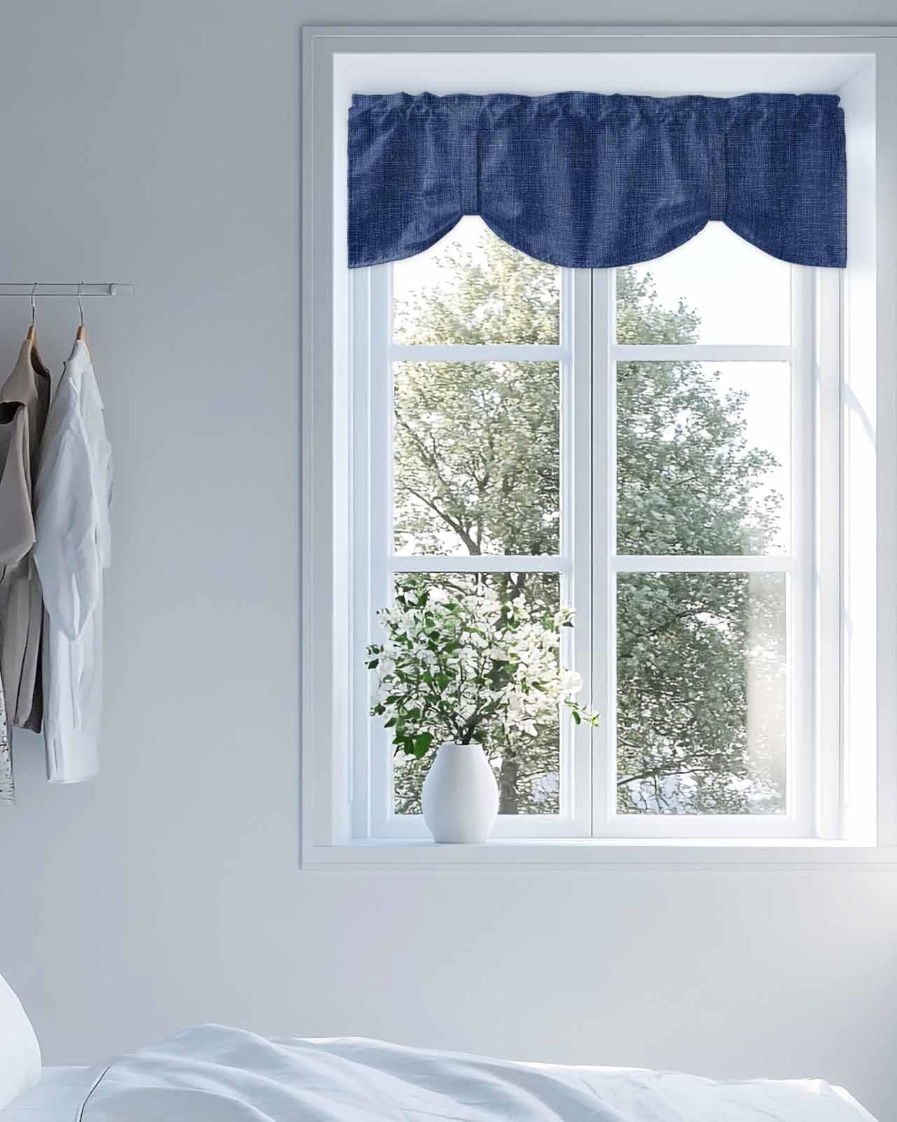 Navy Blue Linen Tie Up Valances Curtain, Adjustable Kitchen Farmhouse Pure Color Country Vintage Valances for Windows Decor, Rod Pocket Short Curtains Set for Bedroom/Bathroom, 54"x18"