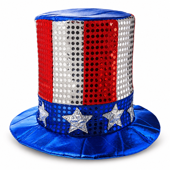 Independence Day Hat, Uncle Sam Style Tall Top Hat with Sparkling Sequined Flag, USA Patriotic 4th of July Carnival Party Accessory, Red White Blue Stars and Stripes Design