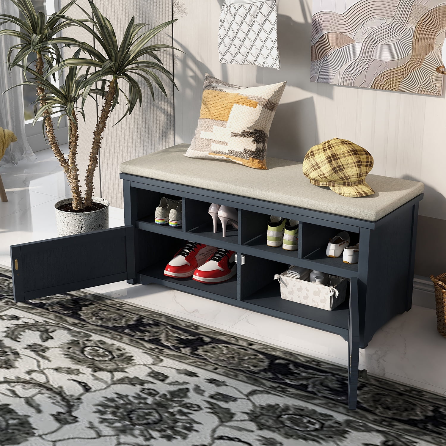 Kadyn Rustic Style Two-Door Storage Bench, Shoe Entryway Bench with Linen Upholstered Top Cushion, Pine Organizer Footrest Bench Ottoman for Entryway, Antique Navy Kadyn Rustic Style Two-Door Storage Bench, Shoe Entryway Bench with Linen Upholstered Top Cushion, Pine Organizer Footrest Bench Ottoman for Entryway, Antique Navy