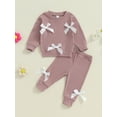 thumbnail image 4 of Aojekbee Toddler 3D Bow Girls Set Long Sleeve Round Neck Sweatshirt Elastic Waist Long Pants 2-Piece Waffle Outfits, 4 of 10