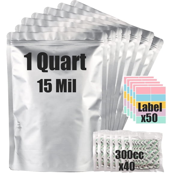 30pcs 1 Quart Mylar Bags for Food Storage (15 Mil Extra Thick 7.5 Mil Each Side) with Oxygen Absorbers 300CC (40pcs), 7"x10" Heat Sealable Zipper Mylar Bags for Long Term Food Storage