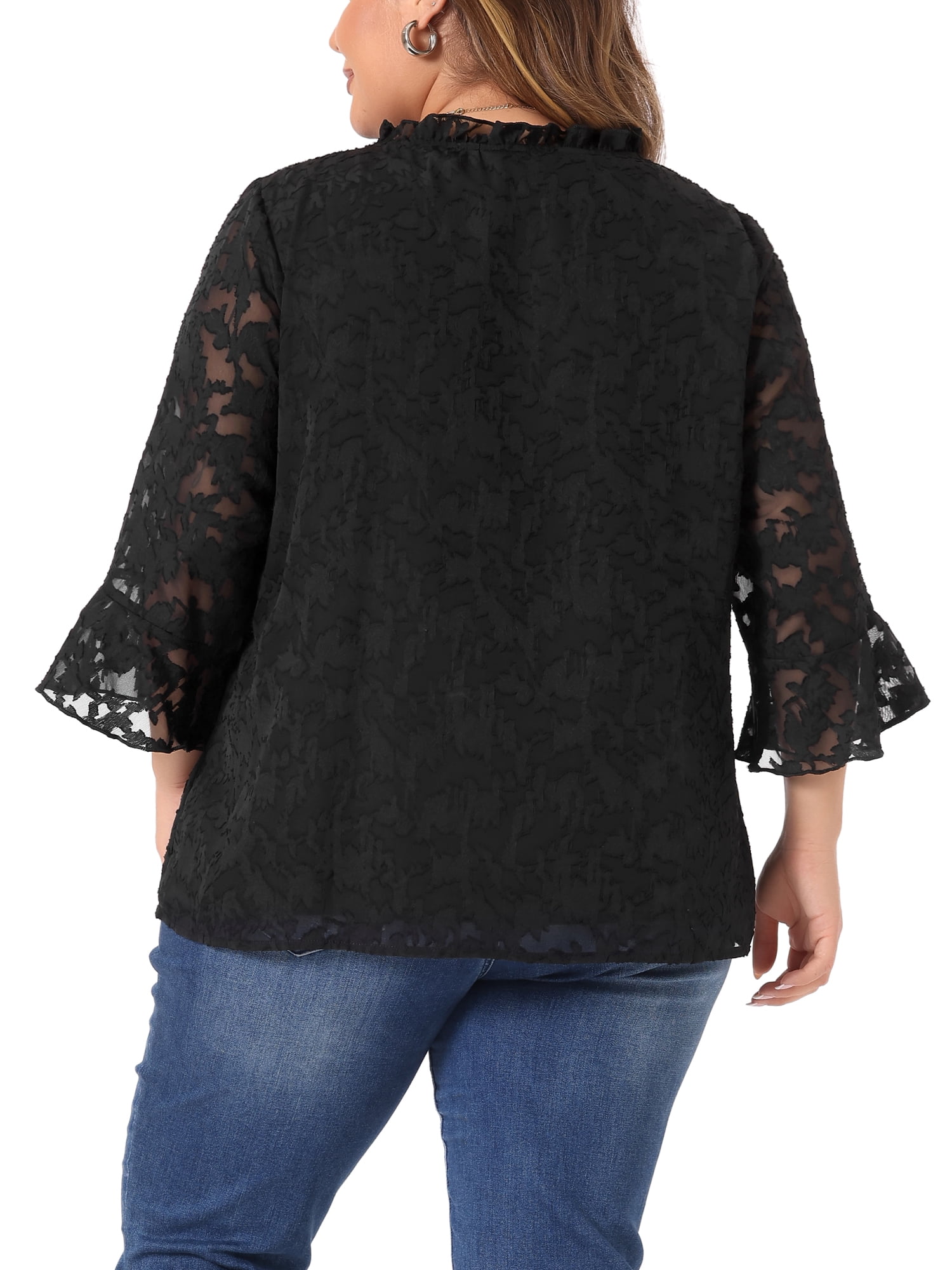 DARING DIVA Women's Plus Size V Neck 3/4 Bell Sleeve Semi Sheer Blouses 2X Black