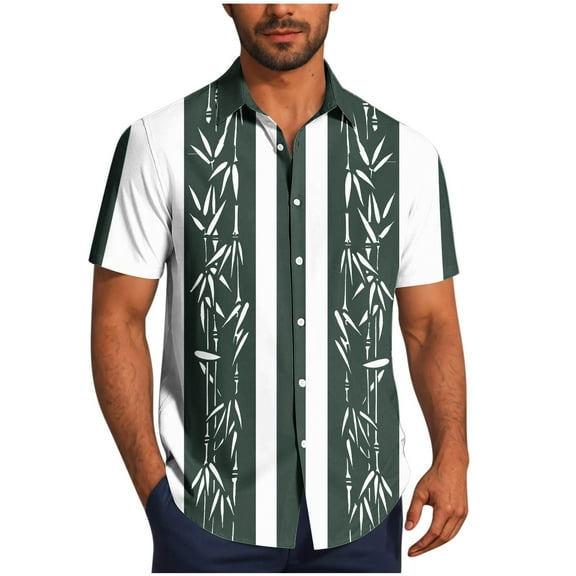 ZCFZJW Mens Hawaiian Shirts Short Sleeve Button Down Shirt Striped Color Block Printed Tropical Summer Beach Vacation Tees Shirt Tops Army Green M