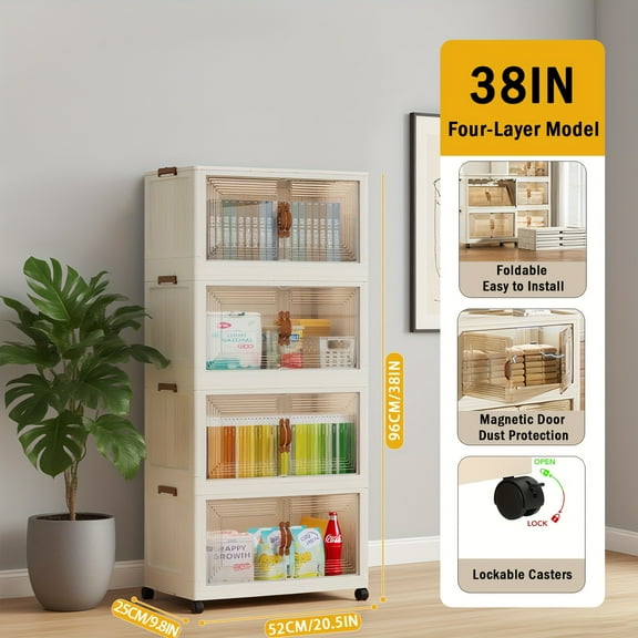 4/5-Tier Foldable Storage Cabinet with Lid & Wheels, Stackable Dustproof Plastic Organizer for Bedroom, Kitchen, Closet & Bathroom, Multi-Purpose Home Office Storage Solution