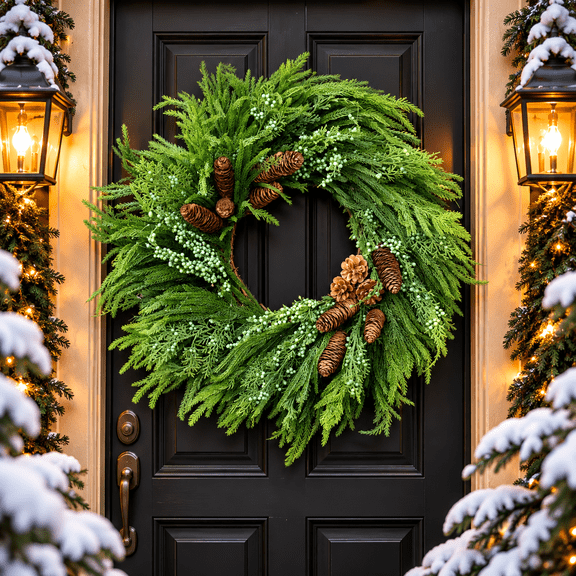 24 Inch Norfolk Pine Christmas Wreath with Pine Cones and Green Berry Accents, Full Evergreen Holiday Wreath for Front Door, Wall and Mantel Decor