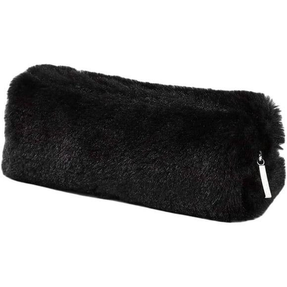 Estuche de peluche esponjoso para papelería, monedero y neceser de maquillaje para adolescentes, niñas, niños y estudiantes (negro)