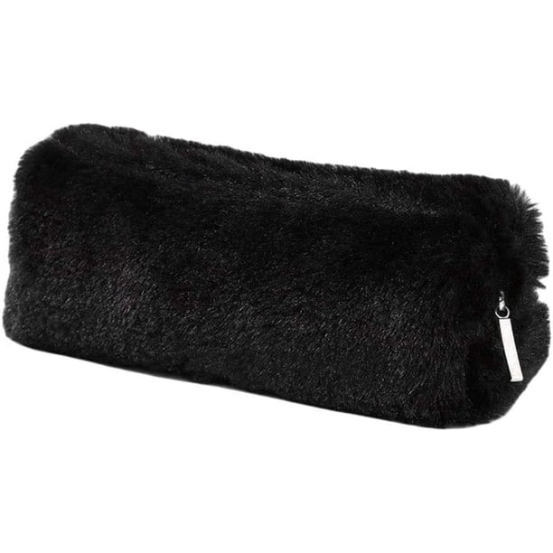 Estuche de peluche esponjoso para papelería, monedero y neceser de maquillaje para adolescentes, niñas, niños y estudiantes (negro)