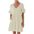 thumbnail image 2 of Wedding Guest Dresses for Women, Womens Mini Dress With Pocket Summer Casual Solid V Neck Short Sleeve Ruffle Dresses, Vestidos de verano, Robes d'été, 2 of 7