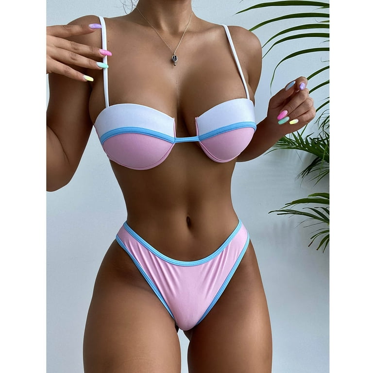 Finelylove Cute Swimsuits Push-Up Sport Bra Style Bikini Pink L