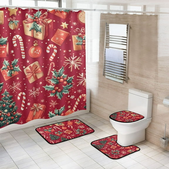 Ryvnso 4 Pcs Christmas Tree Gift Bathroom Shower Curtain Set with 12 Hooks Bath Mat Toilet Lid Cover