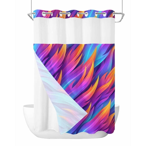 No Hook Shower Curtain, Abstract Flame Long Bathtub Curtains with Snap in Liner, Blue Purple Orange Flames Gradient Art Waterproof Washable Fabric Shower Curtain Set, 72" x 84"