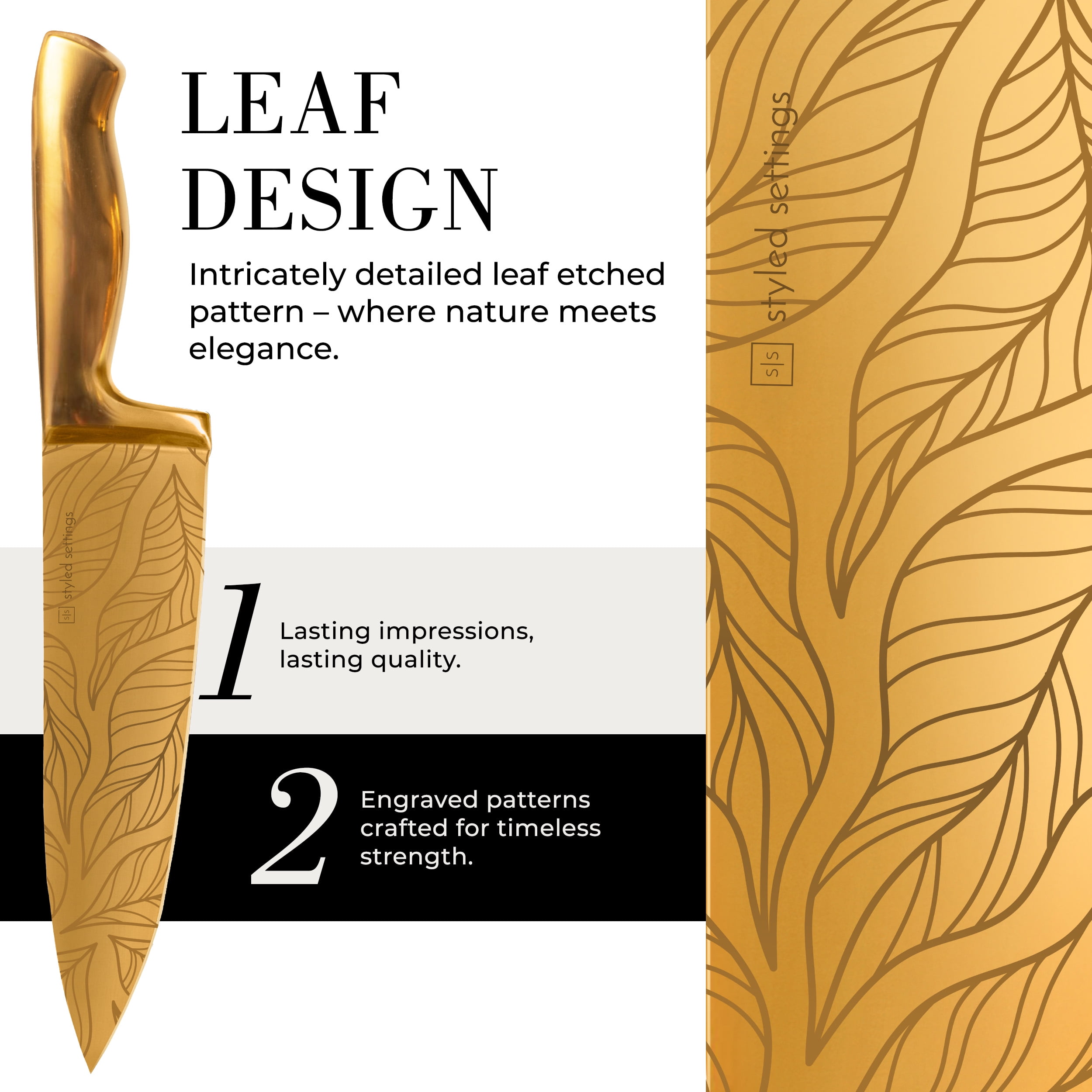 Styled Settings 14-Piece Gold Knife Set with Block and Built-In Sharpener, Titanium-Coated Blades with Leaves Pattern, Black Block