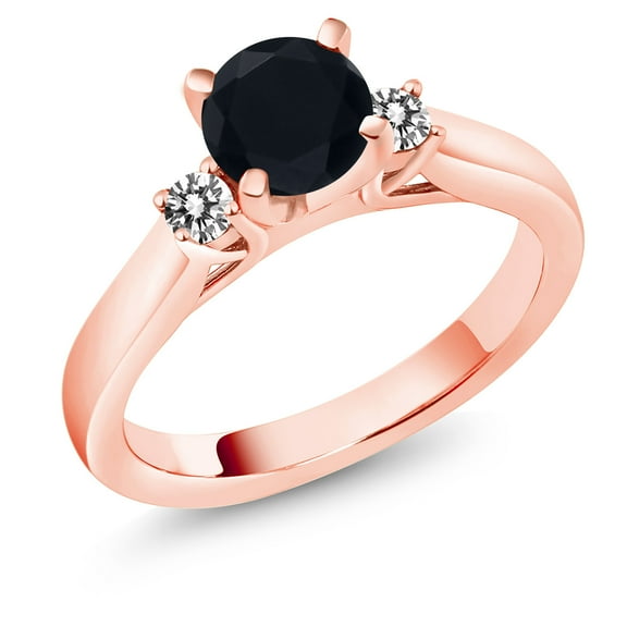 Gem Stone King 18K Rose Gold Plated Silver Black Onyx and White Diamond 3-Stone Engagement Ring for Women (0.93 Cttw, Round 6MM, Gemstone December Birthstone, Size 5)