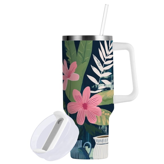 Yayeee 40oz Stainless Steel Tumbler with Straw and Handle Double-Wall Insulated Travel Water Bottle, Green Floral