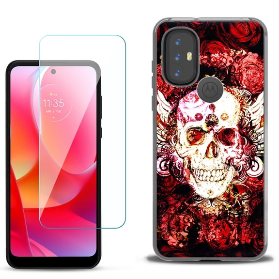 Slim-Fit Gel TPU Phone Case for Motorola Moto G Power 2022, with Tempered Glass Screen Protector, by OneToughShield ® - Rose Skull