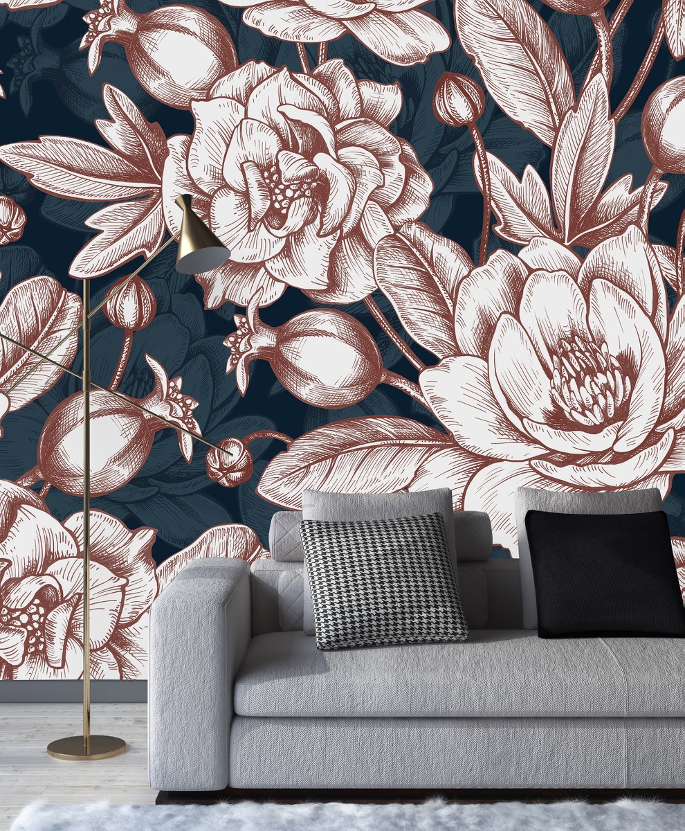 Dark Wallpaper with Large Flowers