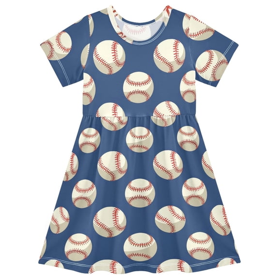 joogoo Baseball Blue Girls' Short Sleeve Dress Kids Dresses 4T