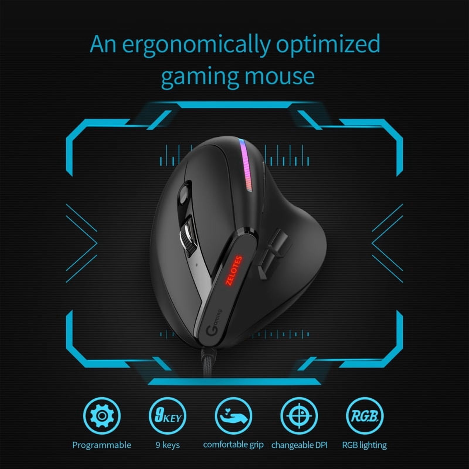Jomaa Wired Gaming Mouse RGB Vertical Ergonomic Mice 9 Button Programmable 12800 DPI Mouse for Gamer Computer Laptop