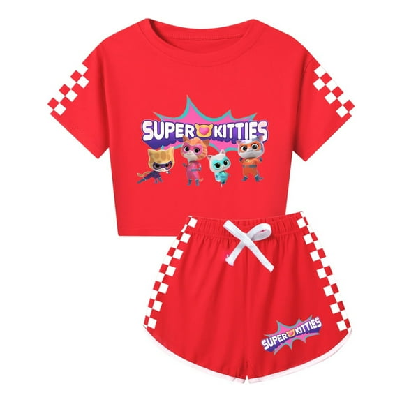 Kids SuperKitties 2-Piece Set – Girls Cartoon Cat T-Shirt and Shorts – Youth Summer Fashion