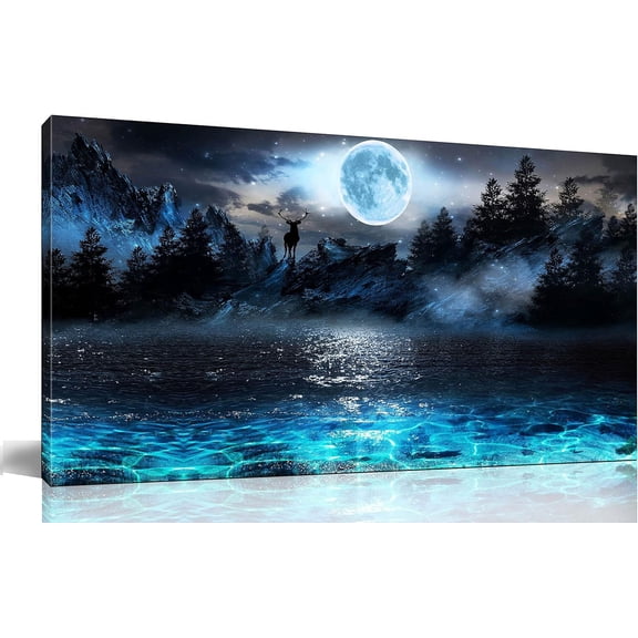 WFSposter-Moon Sea Ocean Wall-Art For Living Room Large Size - Blue Wall Decor For Bedroom - Forest Wall Art Ready To Hang