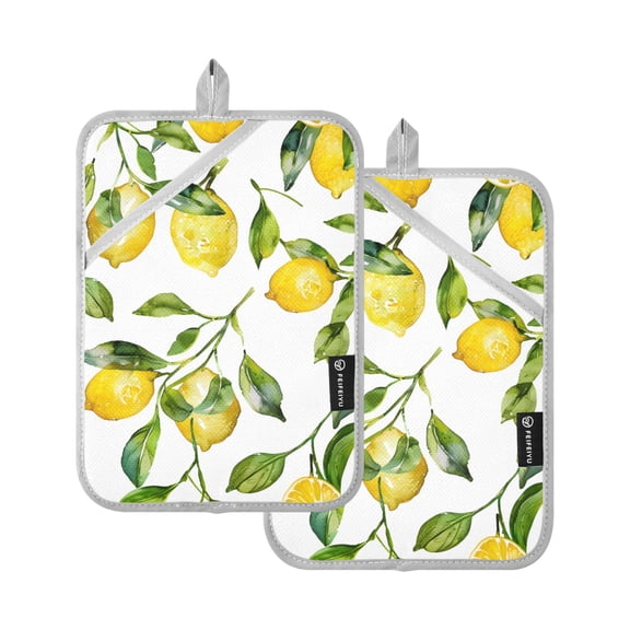 Pot Holders Set of 2 Heat Resistant 338℉ Kitchen Oven Gloves Potholder Cooking Baking Microwave Mitts Lemon and Leaves