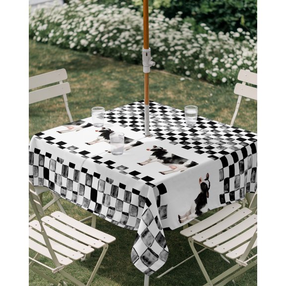 Outdoor Tablecloth with Umbrella Hole, Farmhouse Zippered Table Cloth for Rectangle Tables, Black White Buffalo Plaid Washable Waterproof Tablecloths for Picnic Patio Garden