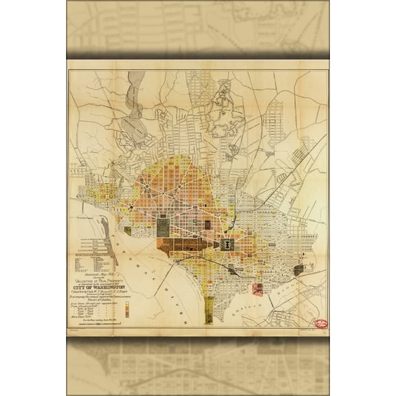 24"x36" Gallery Poster, map of washington d.c. Property values 1892