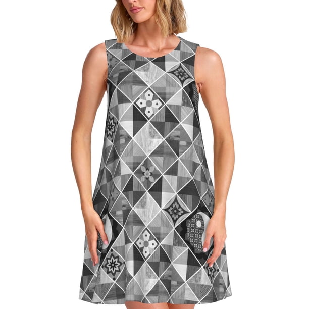 Fotbe Yin Yang With Black And White Vestido de Verano sin Mangas para Mujer – Vestido Midi Línea A, Estilo Camiseta Floral, Vestido Playero Casual y Fluido