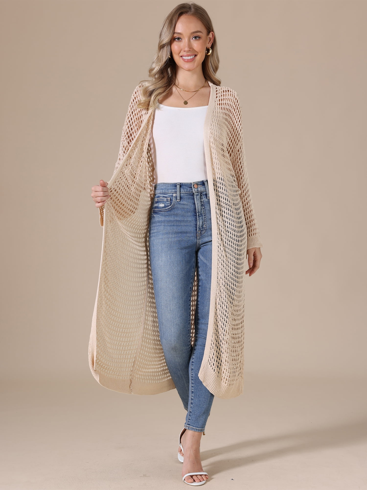 DARING DIVA Women's Long Sleeve Hollow Out Crochet Open Front Long Cardigan L Beige