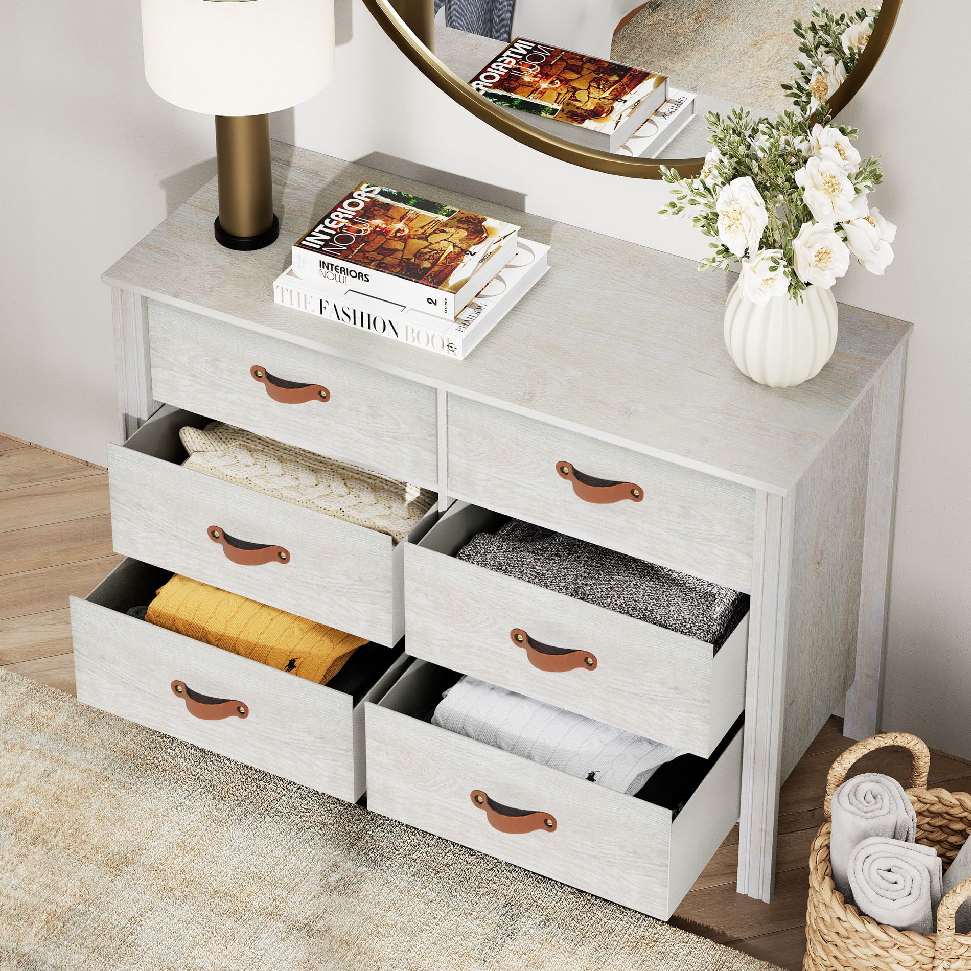 Wampat Wide Chest of Drawers with 6 Drawers, Wood Kids Dresser for Living Room, Bedroom, Off White