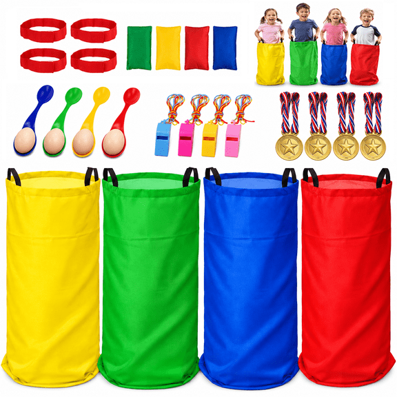 Potato Sack Race Bags Set with Egg Spoon Race, 3 Legged Race Bands & Bean Bags, 32PCS Outdoor Field Day Games for Kids & Adults, Birthday Party, Family Reunion, Carnival, Easter Lawn Games