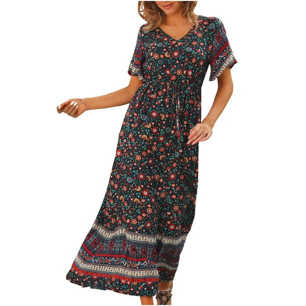 Vestido hasta el tobillo con estampado de manga corta suelto con cuello en V Vintage bohemio a la moda para mujer Fridja qw6804
