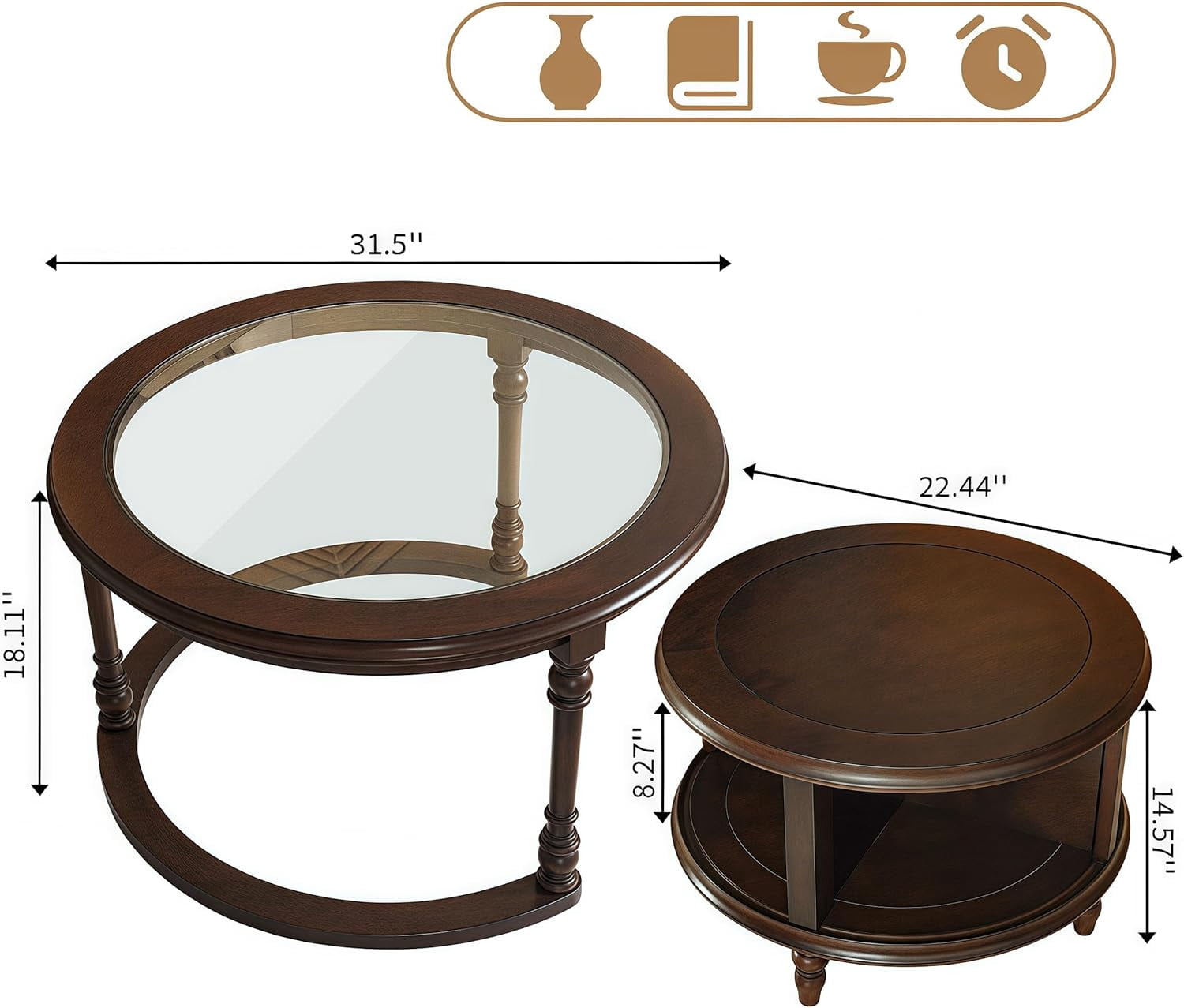LKTART Nesting Coffee Table for Living Room,Round Tempered Glass Solid Wood Nest Coffee Tables with Storage,Retro Small Accent Center Table
