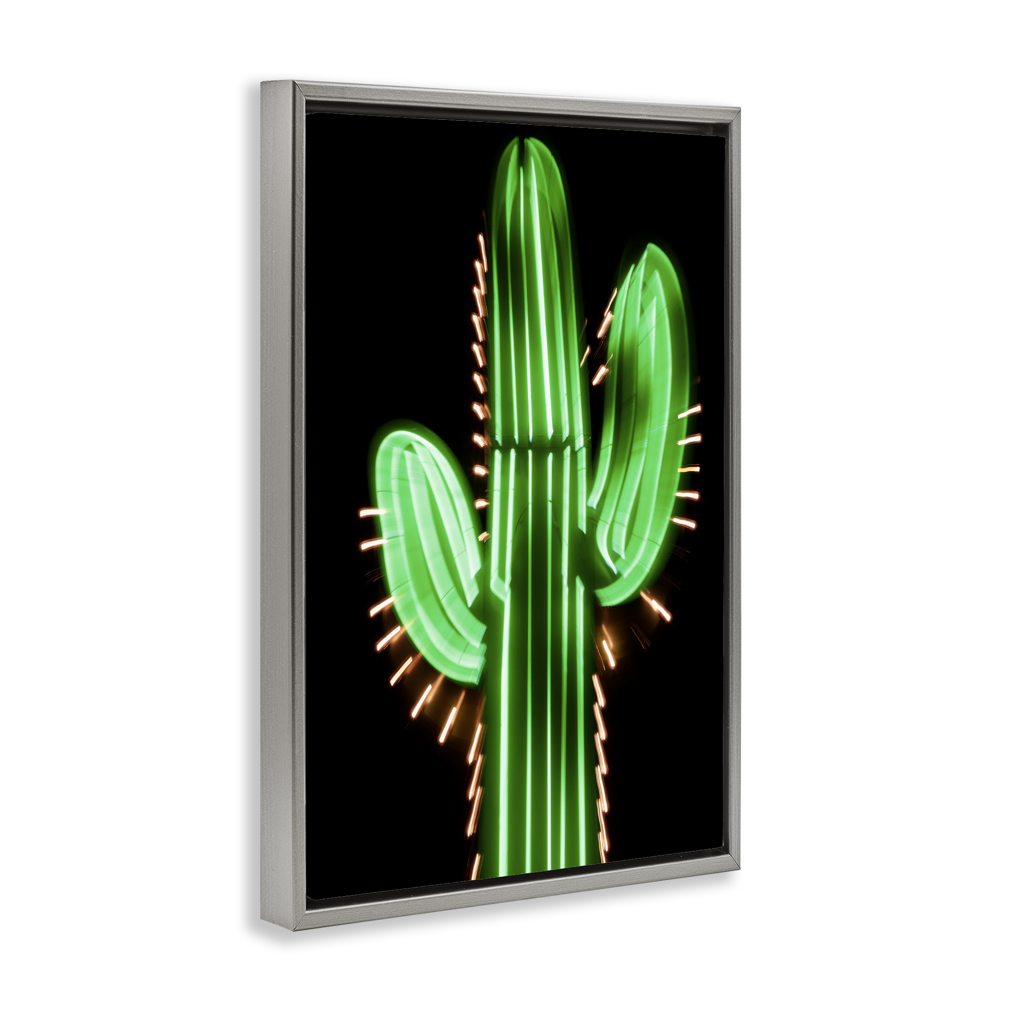 Stupell Industries Neon Lights Cactus Botanical & Floral Painting Gray Floater Framed Canvas Art Print Wall Art, 21 x 31