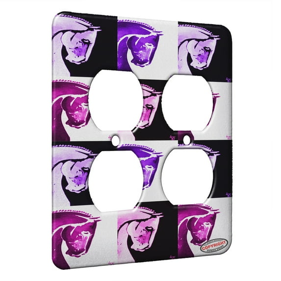 KuzmarK™ 2 Gang AC Outlet Wall Plate - Warmblood Sports Horse in Blue Abstract Horse Pink Pattern Art by Denise Every