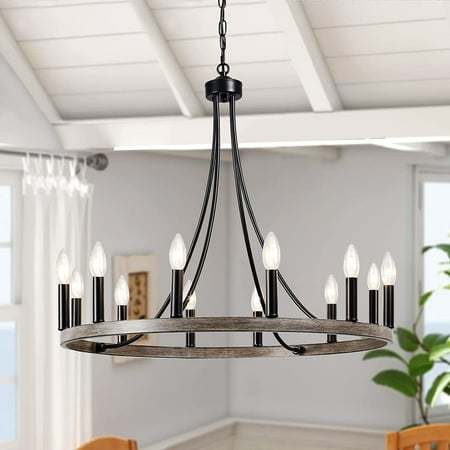 

ZXNYH Black Farmhouse Chandelier Light Fixture Wagon Wheel Chandeliers Round Iron 12-Lights Kitchen Island Light