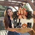thumbnail image 3 of Thanksgiving Fall Door Hanger, 12'' Rustic Pumpkins Front Door Decor with Handmade Bow-Knot Leaves, Round Wood Hanging Happy Fall Y'all Sign Farmhouse Porch Decor for Home Outdoor Indoor Décor, 3 of 8