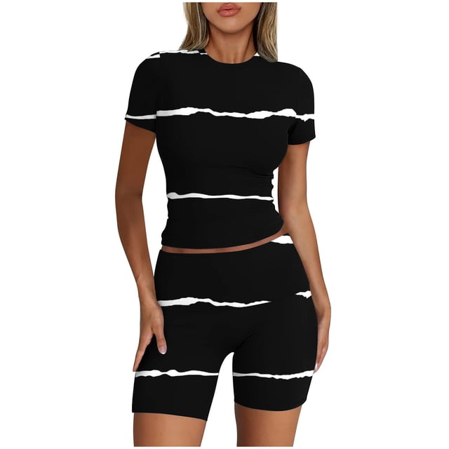 Blusas para Mujeres Casual Sólido Manga Corta Blusa de Cuello Redondo Y Pantalones Cortos Cintura Elástica Set de Dos Piezas