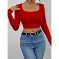 thumbnail image 3 of Long Sleeve Crop Tops for Women Ribbed Square Neck Slim Fitted Casual Lady Fashion Top Red XS, 3 of 6