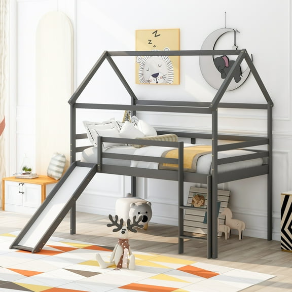Gray Twin Size Loft Bed with Slide, House Bed with Slide