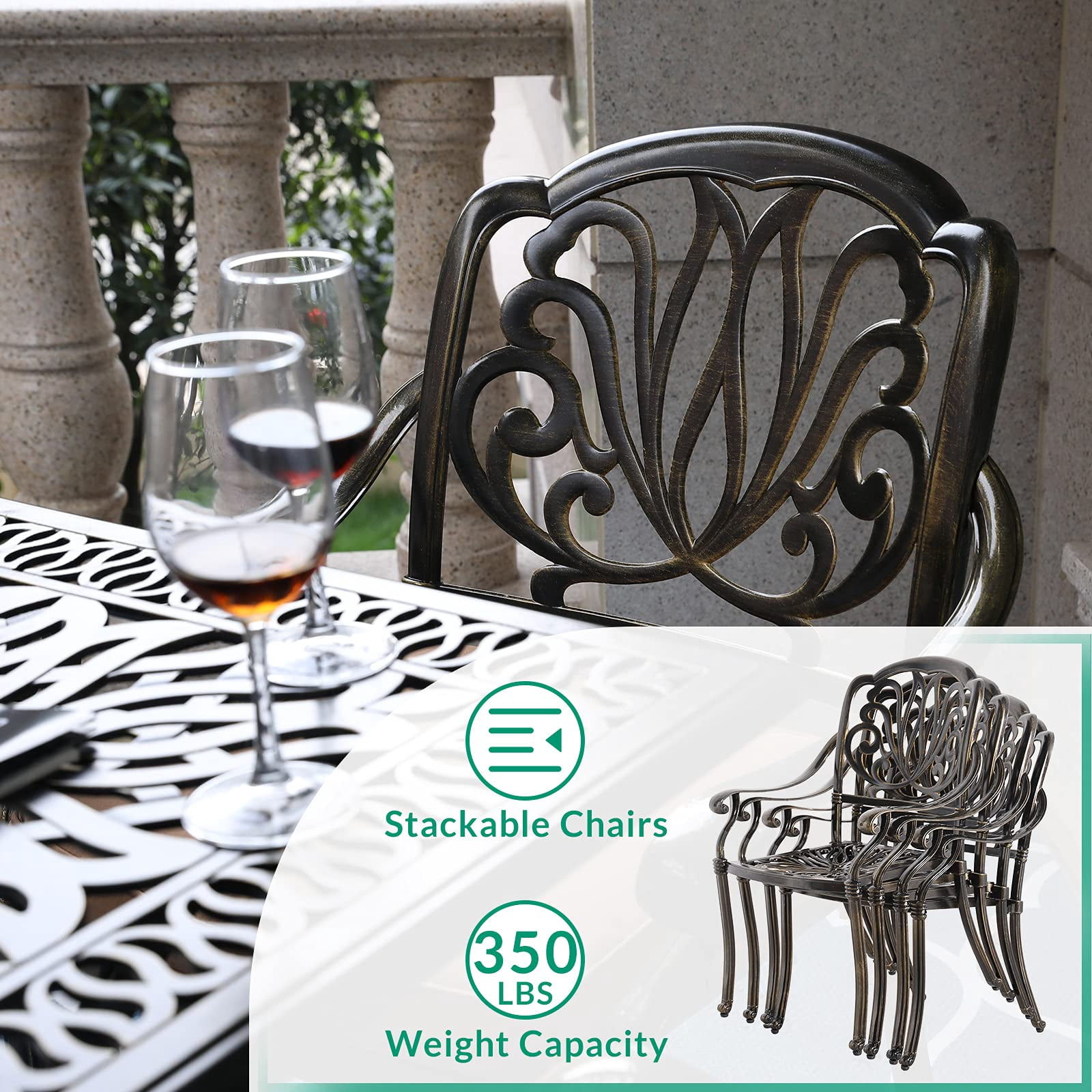 VIVIJASON 5-Piece Outdoor Patio Dining Set, All-Weather Cast Aluminum Conversation Set, Patio Furniture Set for Balcony Lawn Garden Backyard, Include 4 Chairs, a 35.2 inch Round Table w/Umbrella Hole