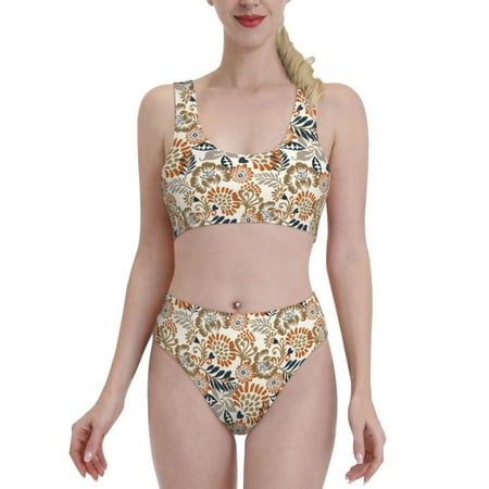 Bixox Floral Paisley Pattern Two-Piece Sports Bikini with U-Shaped Top and High-Waist Bottom - Women s Swimwear with Removable Bra Pads